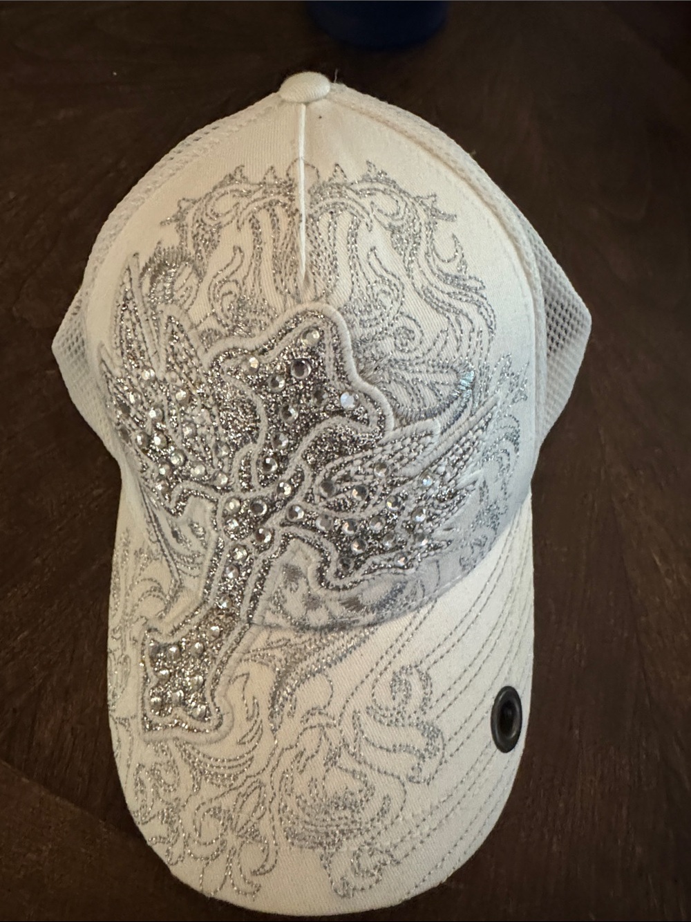 KBETHOS White Crystal Cross Embellished Trucker Hat